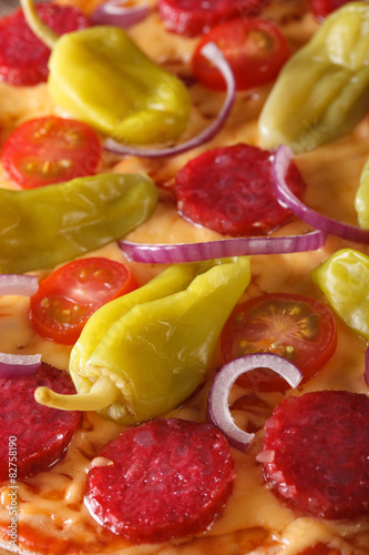 pizza with salami, pepperoni pepper macro vertical