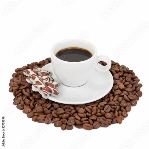 cup with coffee, cookies and coffee beans