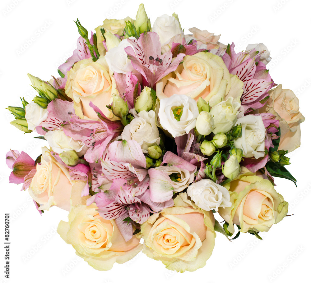 Bridal bouquet of roses and alstroemeria isolated on white