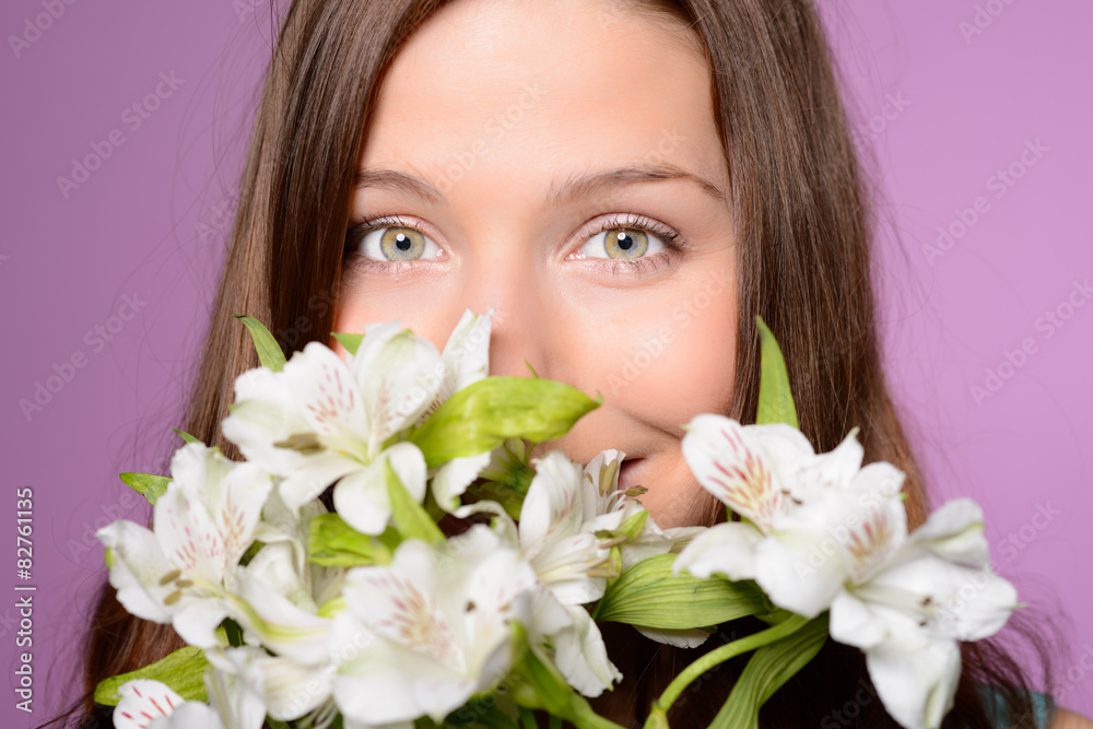 beautiful woman holding white flowers beautiful woman holding white flowers