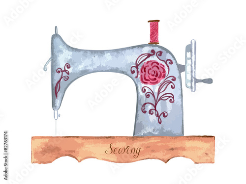 Vintage sewing machine isolated on white, watercolor