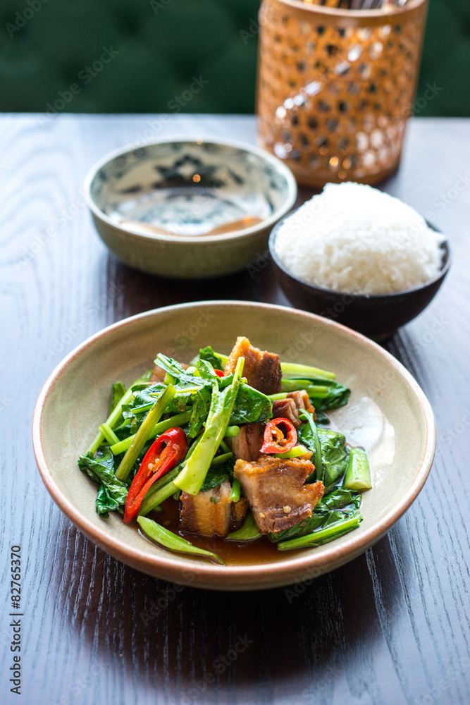 Thai foods. Crispy pork belly with Chinese brocoli Thai foods. Crispy pork belly with Chinese brocoli