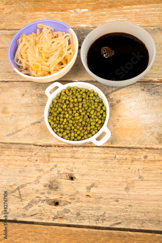 Soy beans, sprouts and sauce