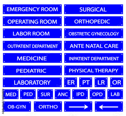 Set of Blue Hospital Sign and Medical Abbreviations 