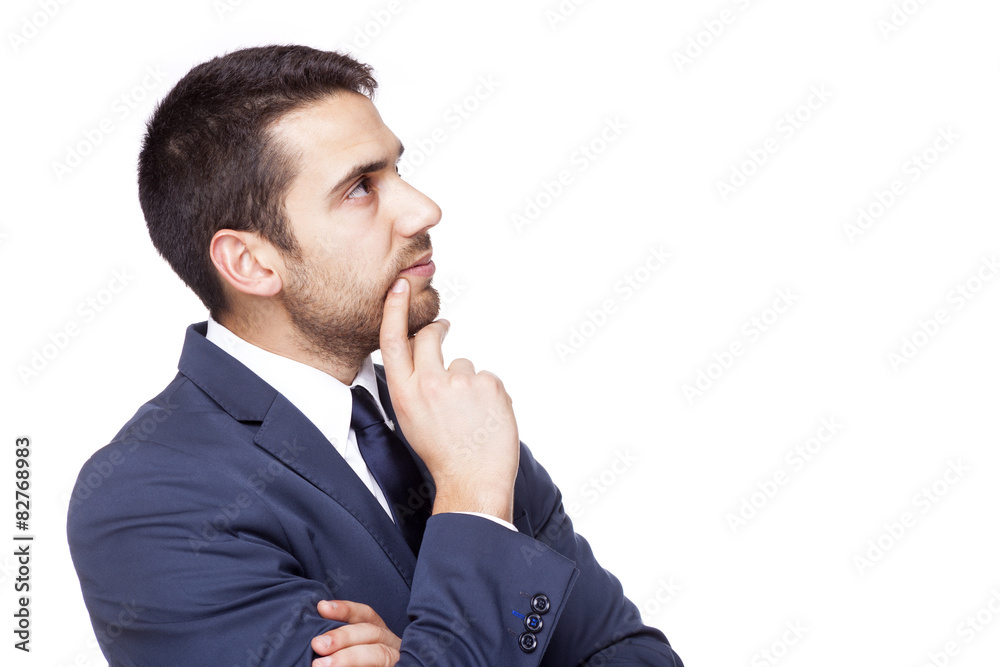 Thoughtful business man, isolated on white background Thoughtful business man, isolated on white background