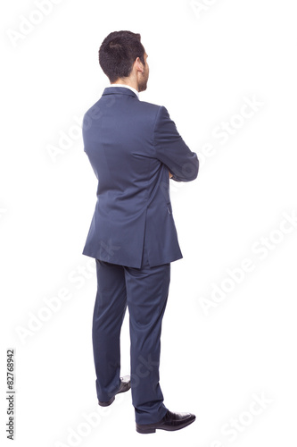 Business man from the back, isolated on white background
