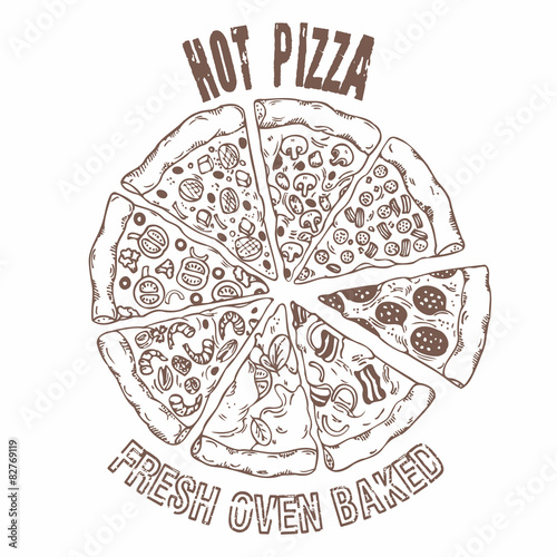 Set of different slices of pizza in vector. Hand drawing food