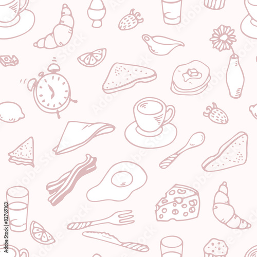 Outline hand drawn breakfast seamless pattern