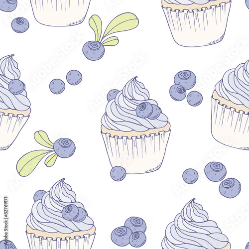 Hand drawn blueberry cupcake seamless pattern
