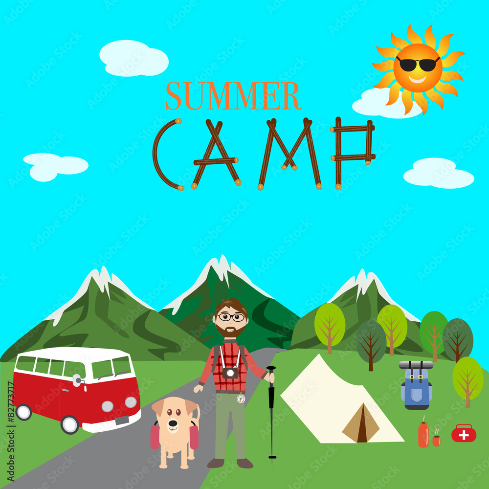 Hipster man in the summer camp with dog for hiking