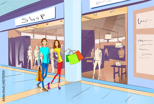 Couple Shopping Man and Woman Walking with Bags