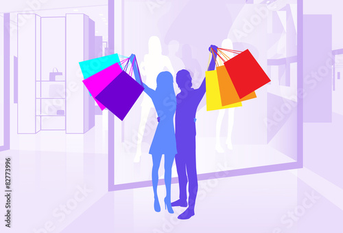 Shop Window Couple Silhouette Hold Shopping