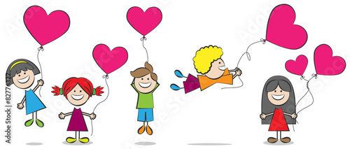 Strichmännchen Kinder Freunde lachen mit Herz Luftballons © pixelliebe