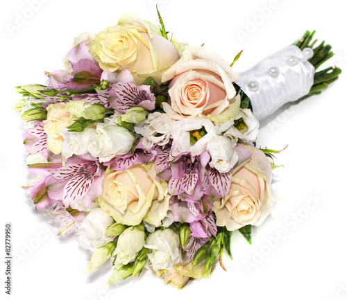 Bridal bouquet of roses and alstroemeria isolated on white
