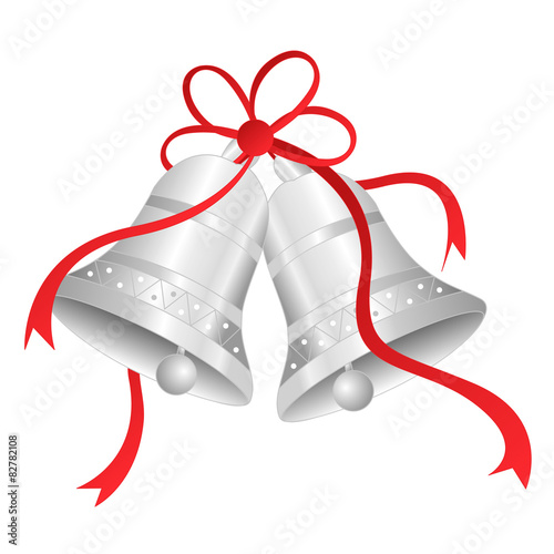 Silver bells with red ribbon bow