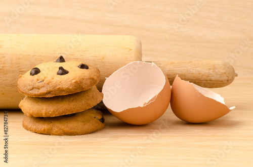 Chocolate chip cookies on wooden background