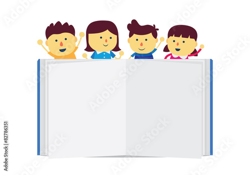 Children group happy feel stay top a book empty page