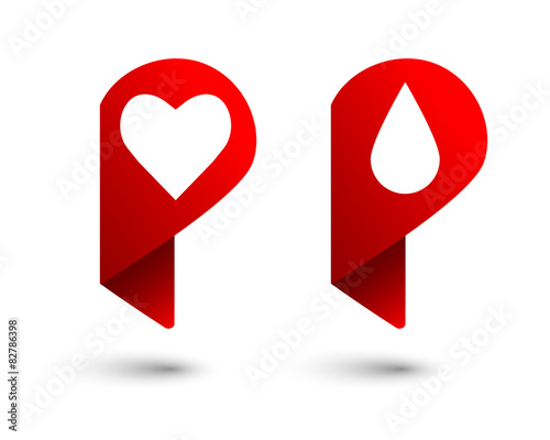 Blood donation icon set with heart and blood drop