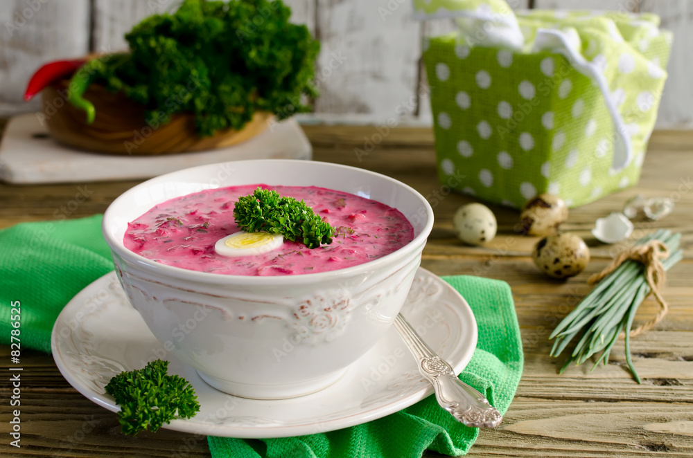 Cold beet soup with egg, cucumber, potatoes and greens Cold beet soup with egg, cucumber, potatoes and greens