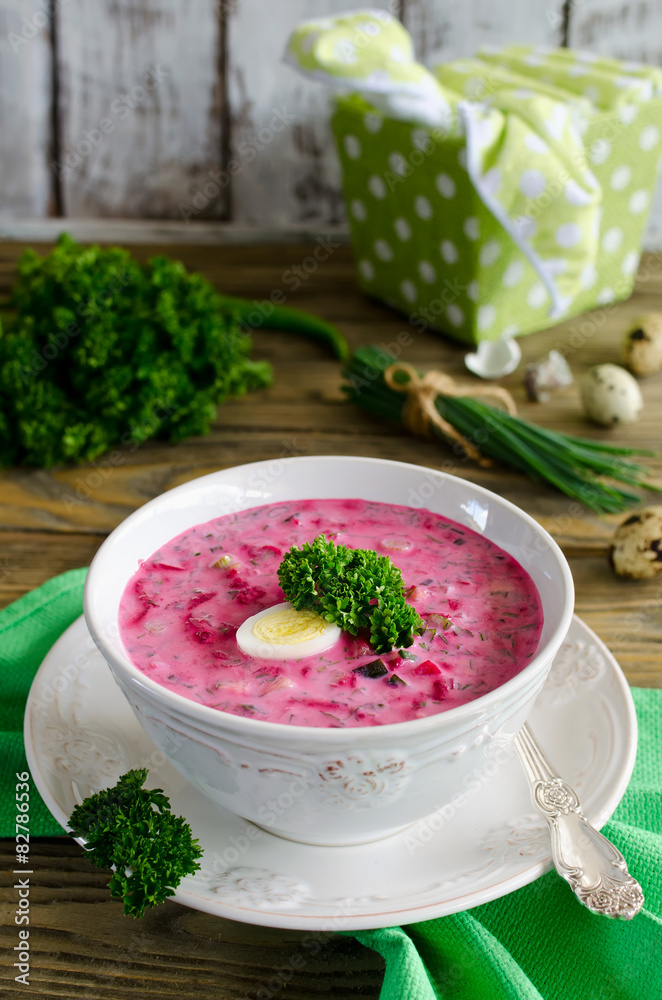 Cold beet soup with egg, cucumber, potatoes and greens Cold beet soup with egg, cucumber, potatoes and greens