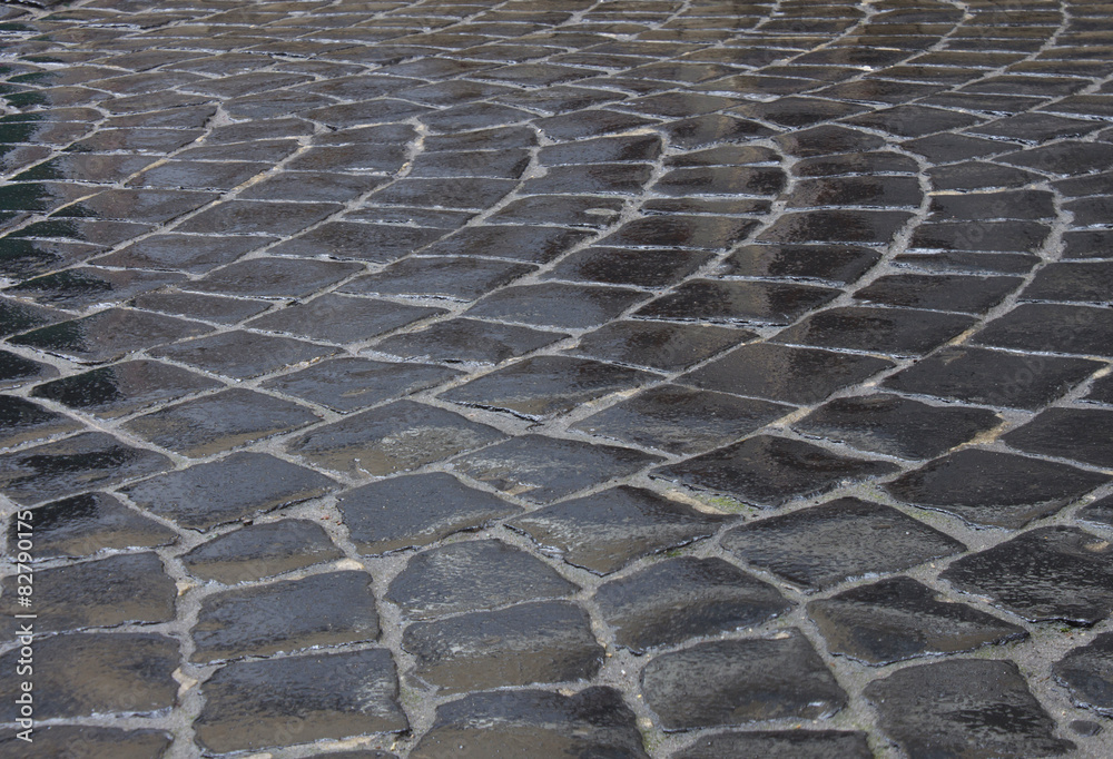 detail of wet cobblestone road in Lviv city detail of wet cobblestone road in Lviv city