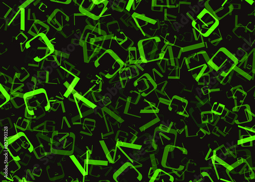chaotic flying of many abstract green alphabet letters