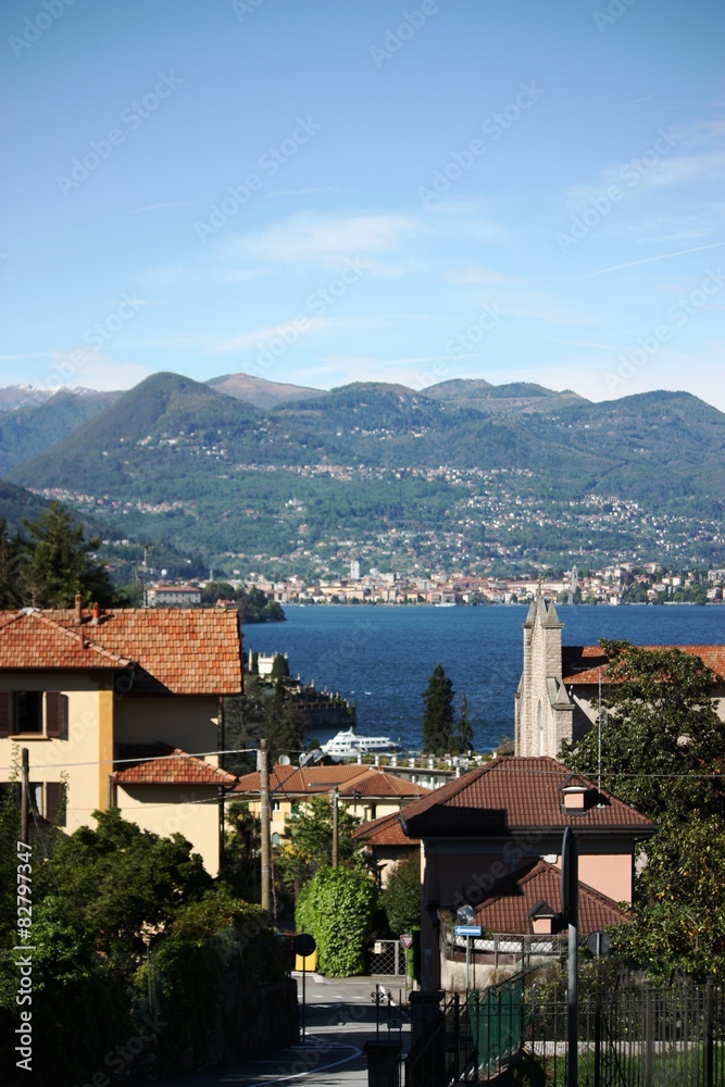  Stresa next to Lago Maggiore under blue sky
