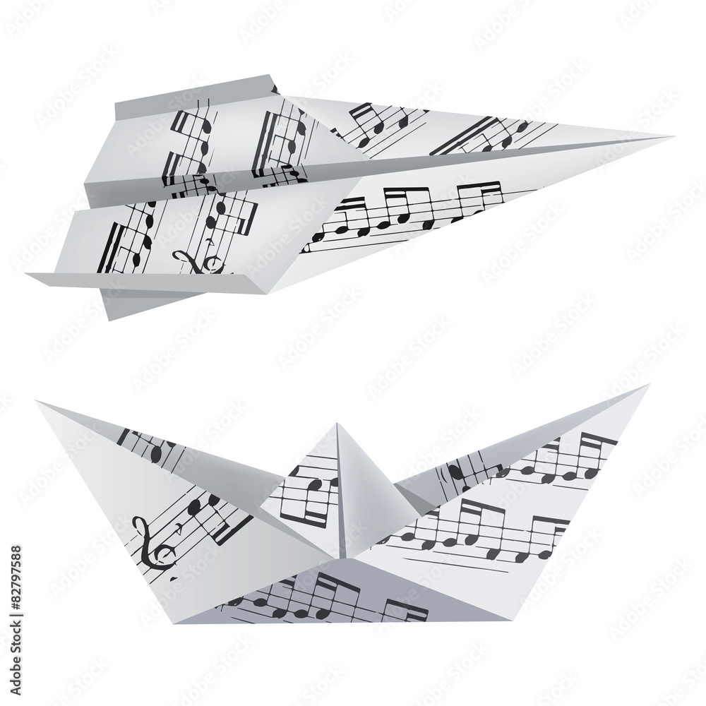 Fototapeta premium Origami boat and airplane with musical notes