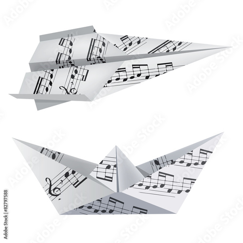 Origami boat and airplane with musical notes