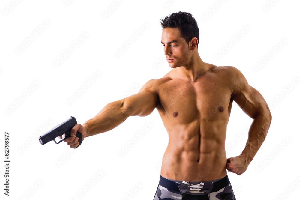 Athletic Topless Man Holding Handgun, Isolated on White