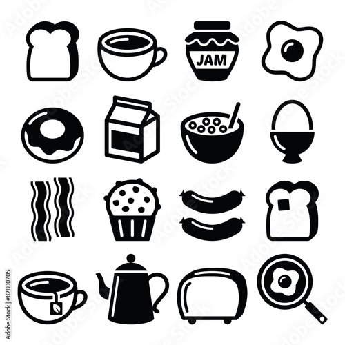 Breakfast food vector icons set - toast, eggs, bacon, coffee 
 