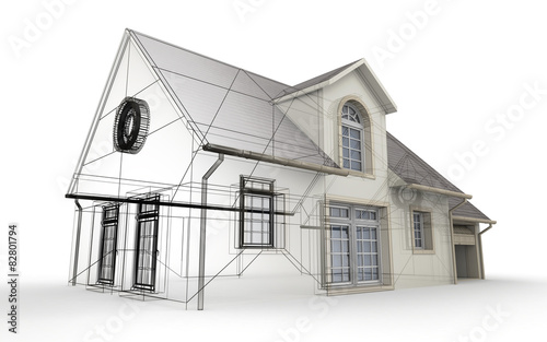 3D rendering of a house project, showing different design stages