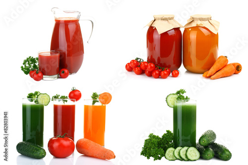 Fresh vegetable juices isolated on white. Collage.