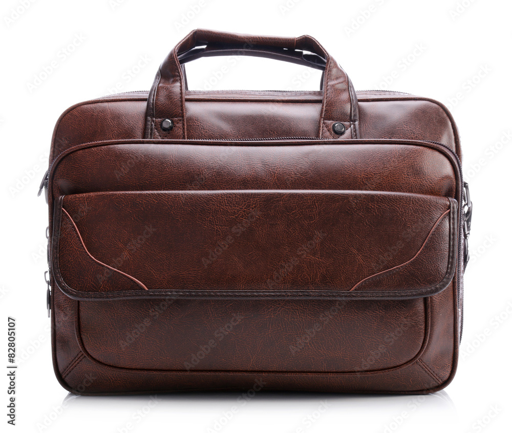 Brown leather laptop bag on a white background - obrazy, fototapety, plakaty 
