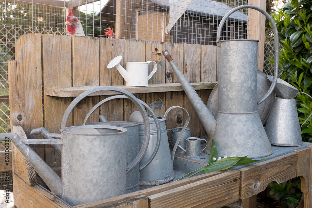 In the garden Gardening tools close to the hens house; In the garden Gardening tools close to the hens house;