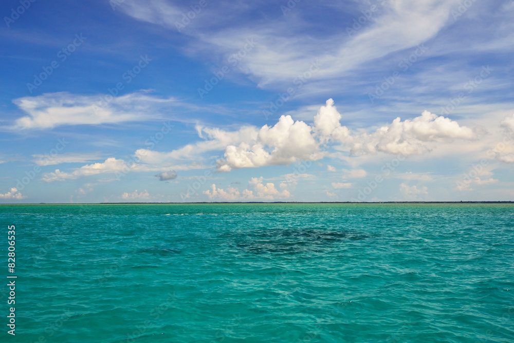 Obraz premium Turquoise sea and sky horizon with clouds for background.