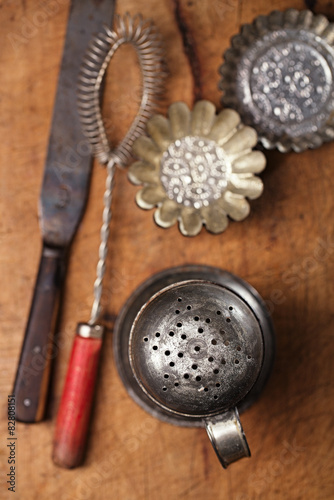 Vintage  Baking utensils - sifter, whisk, spatula, tins and moul photo