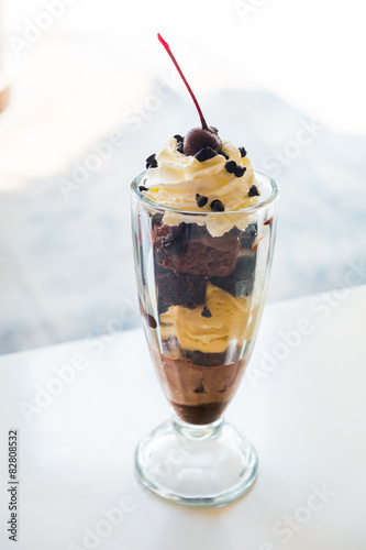 Chocolate sundae in the clear glass cup
