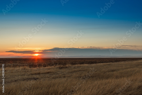 Sunrise in the steppes. Blue sky, yellow grass.