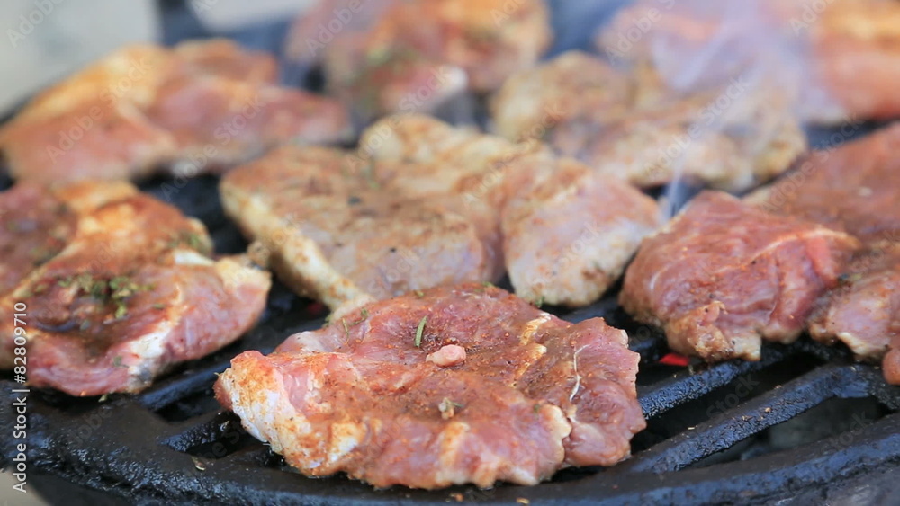 Beef, chicken and pork steaks on barbecue grill Beef, chicken and pork steaks on barbecue grill
