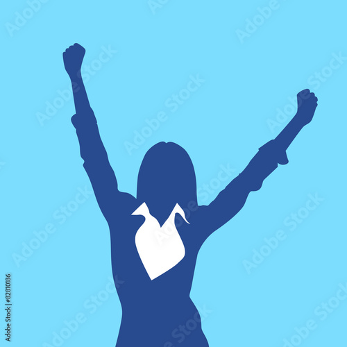 Business Woman Silhouette Excited Hold Hands Up Raised Arms