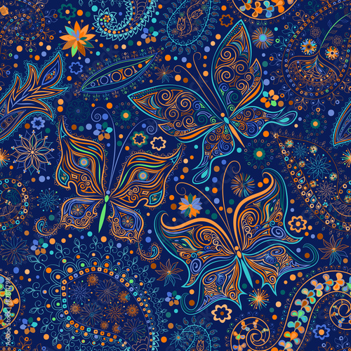 Vintage seamless floral motif background with butterflies.