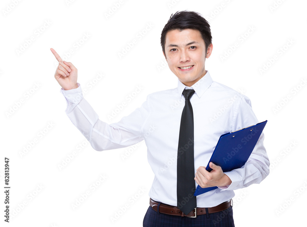 Businessman hold with clipboard and finger pointing up