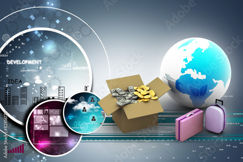 Open Cardboard  box money  with globe and suitcases