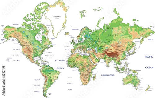 Highly detailed physical World map with labeling.