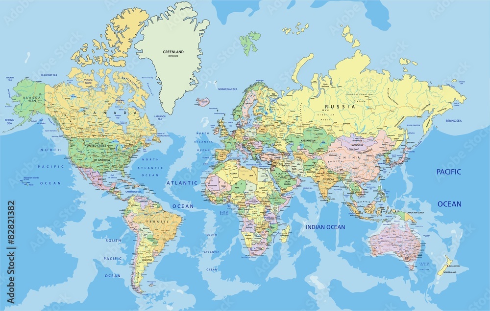 Fototapeta premium Bardzo szczegółowa polityczna mapa świata z etykietami.
