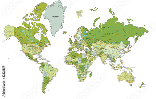 Highly detailed political World map with labeling.