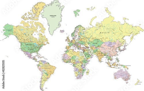 Obraz Bardzo szczegółowa polityczna mapa świata z etykietami.