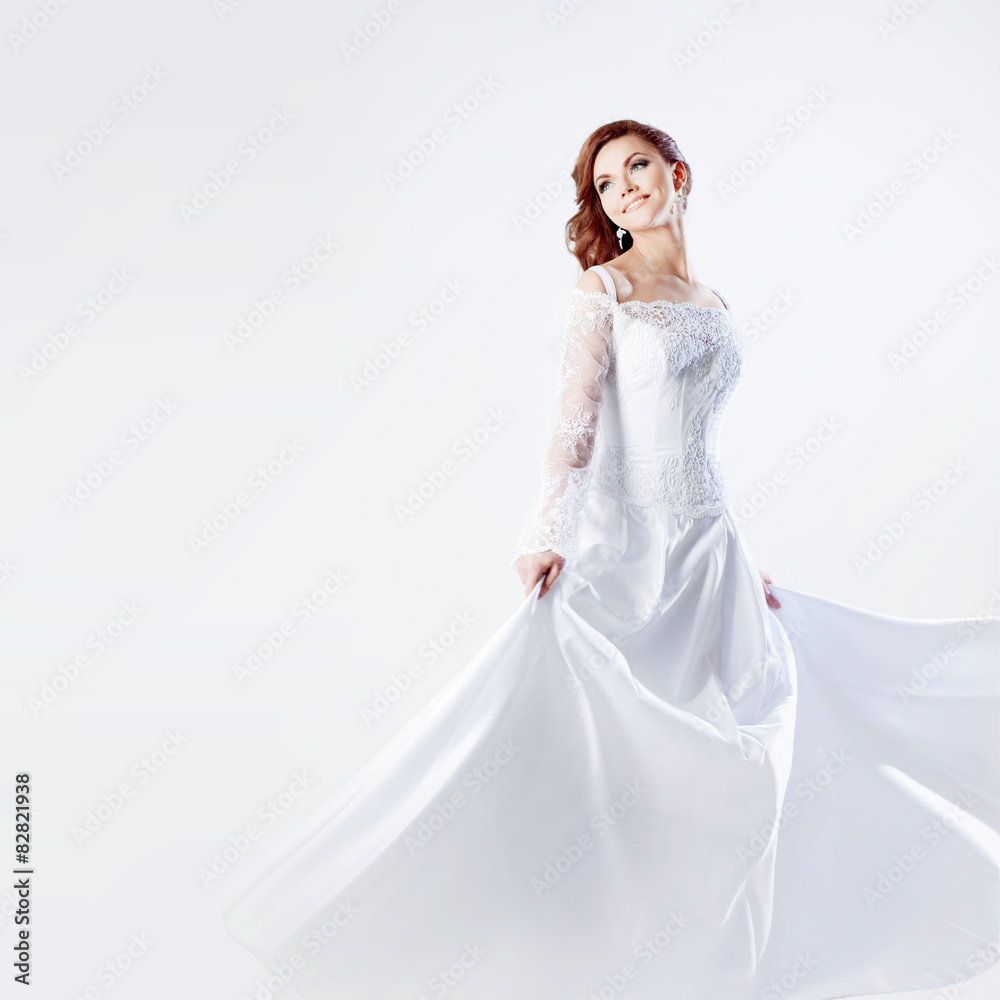 Beautiful bride in wedding dress, white background, square Beautiful bride in wedding dress, white background, square