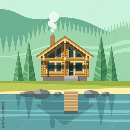 Chalet, wooden house, eco house - vector flat illustration.